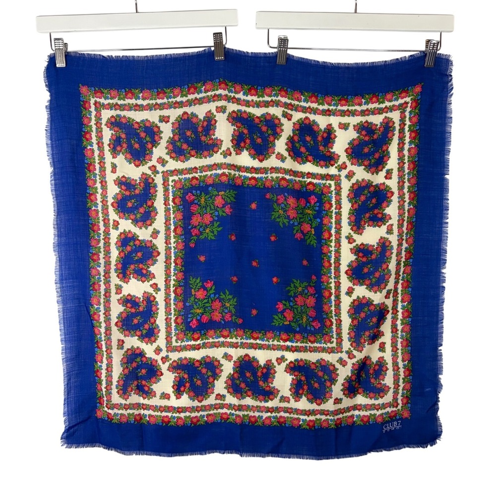 Echo Club 7 Vintage Blue Wool Floral Square Scarf Eyelash Fringe Made in Japan